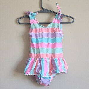 Wave Zone - Toddler Girls Striped Swimsuit With Attached Skirt. Size 18 Months